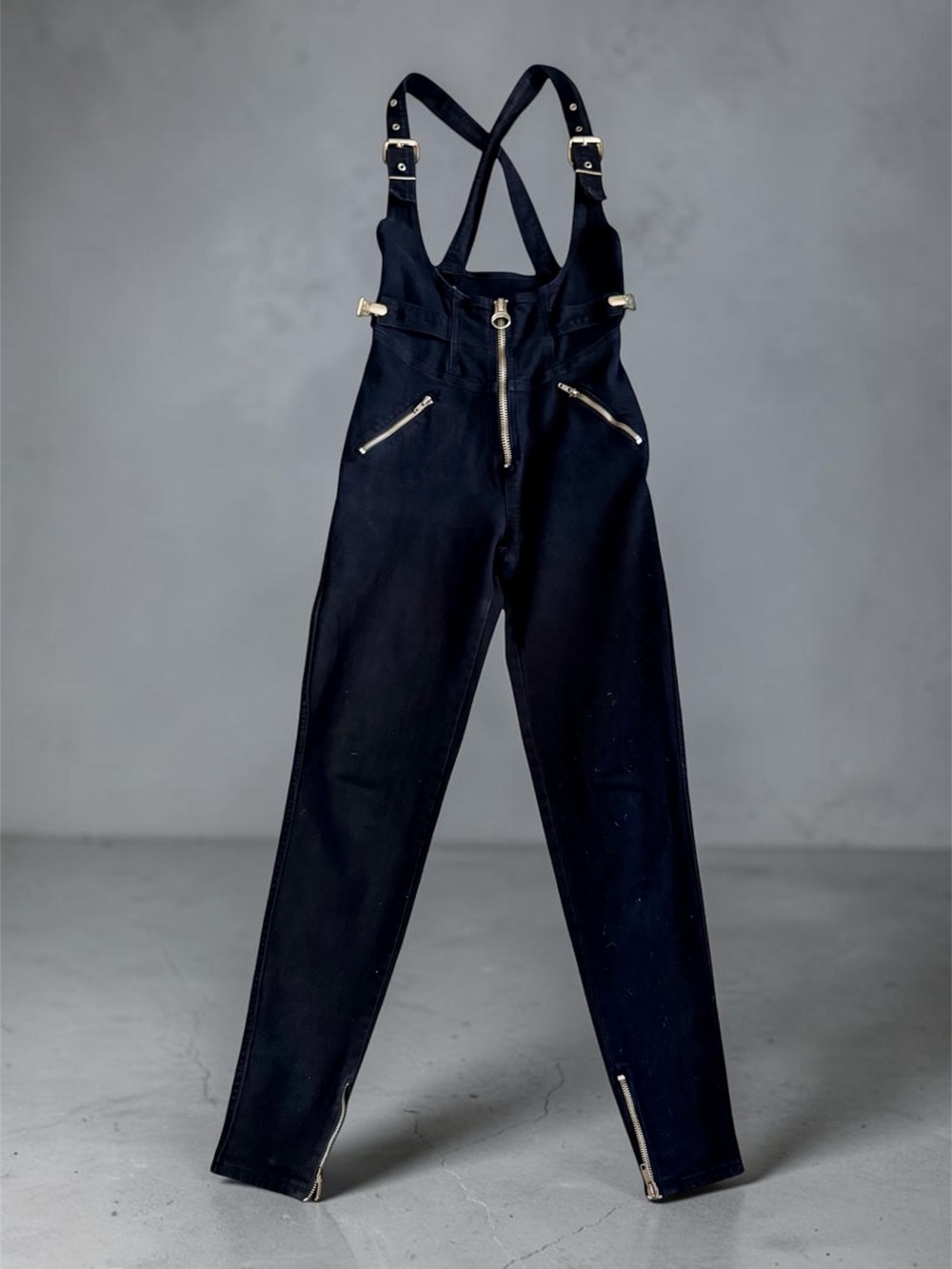 Vtg 90s Parasuco Black Overalls Stretch Jumpsuit Sz M 11 Skinny Leg Zippers Y2k